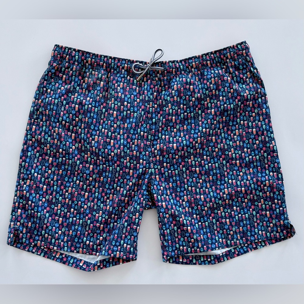 Peter Millar Navy Swim Trunks with Pink & Light Blue cocktails Print
